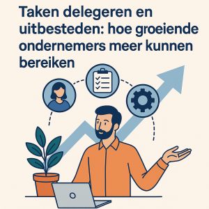 Infographic van ondernemer die taken delegeert aan collega’s en systemen, met pijlen die groei symboliseren.